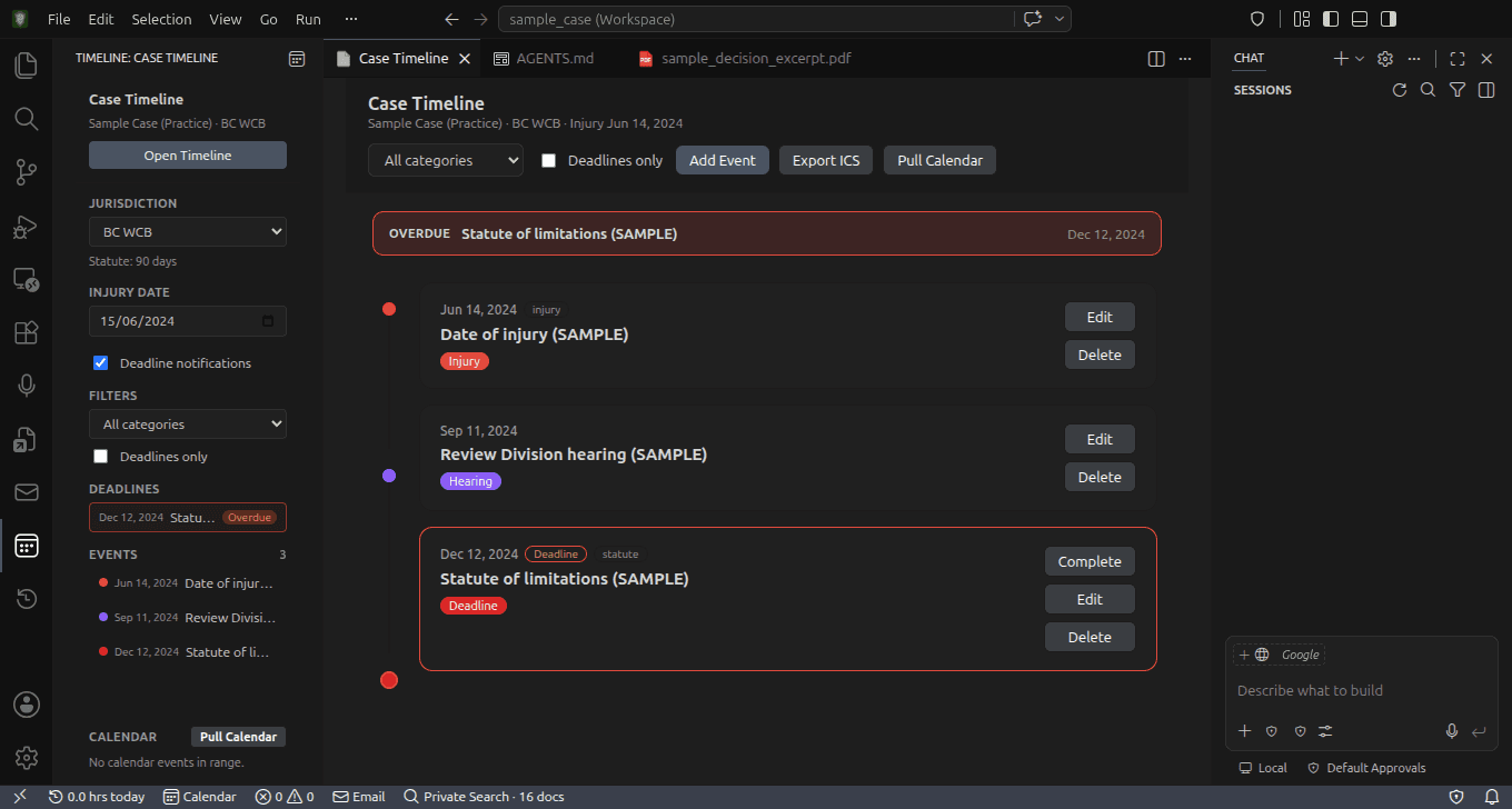 SafeAppeals Case Timeline in the sample practice workspace